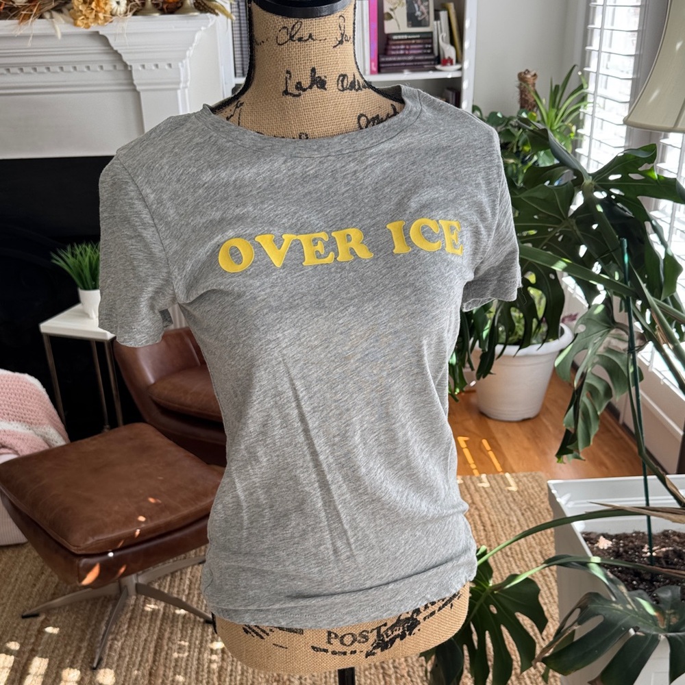 J. Crew Heather Gray Tee with Yellow 'OVER ICE' Print